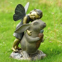 Joyful Girl Fairy With Whimsical Rabbit In Wonderland Statue Elegant Home Garden - £142.27 GBP