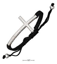Bracelet Sterling Silver 7&quot; Sideways Cross with Cubic Zirconia Macrame Cord - $85.00