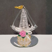 Clear Spun Glass Boat Ship Figurine on Mirror Gold Plated Flag Waves Vintage 3&quot; - £19.13 GBP