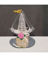 Clear Spun Glass Boat Ship Figurine on Mirror Gold Plated Flag Waves Vin... - £18.82 GBP