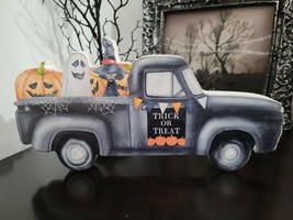 Halloween Black Truck Black Cat Ghost Pumpkin wood Sign Tabletop Decor 13&quot; - £19.61 GBP