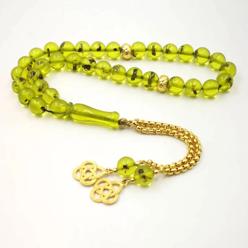 Green Resin tasbih gift Eid al-Adha real Insect Rosary Golden tassel 33 45 66 99 - £41.12 GBP