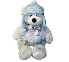 17&quot; HUGFUN WINTER TEDDY BEAR PLUSH GRAY BLUE POM POMS SOFT STUFFED ANIMA... - £9.04 GBP