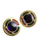 Vtg 80s Jewel &amp; Gold Tone 1&quot; Discs Stud Earrings Estate Jewelry Sarah Co... - €10,27 EUR