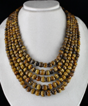 Natural Tiger Eye Beads Carved 5 Line 1214 Cts Gemstone Ladies Antique Necklace - £312.10 GBP