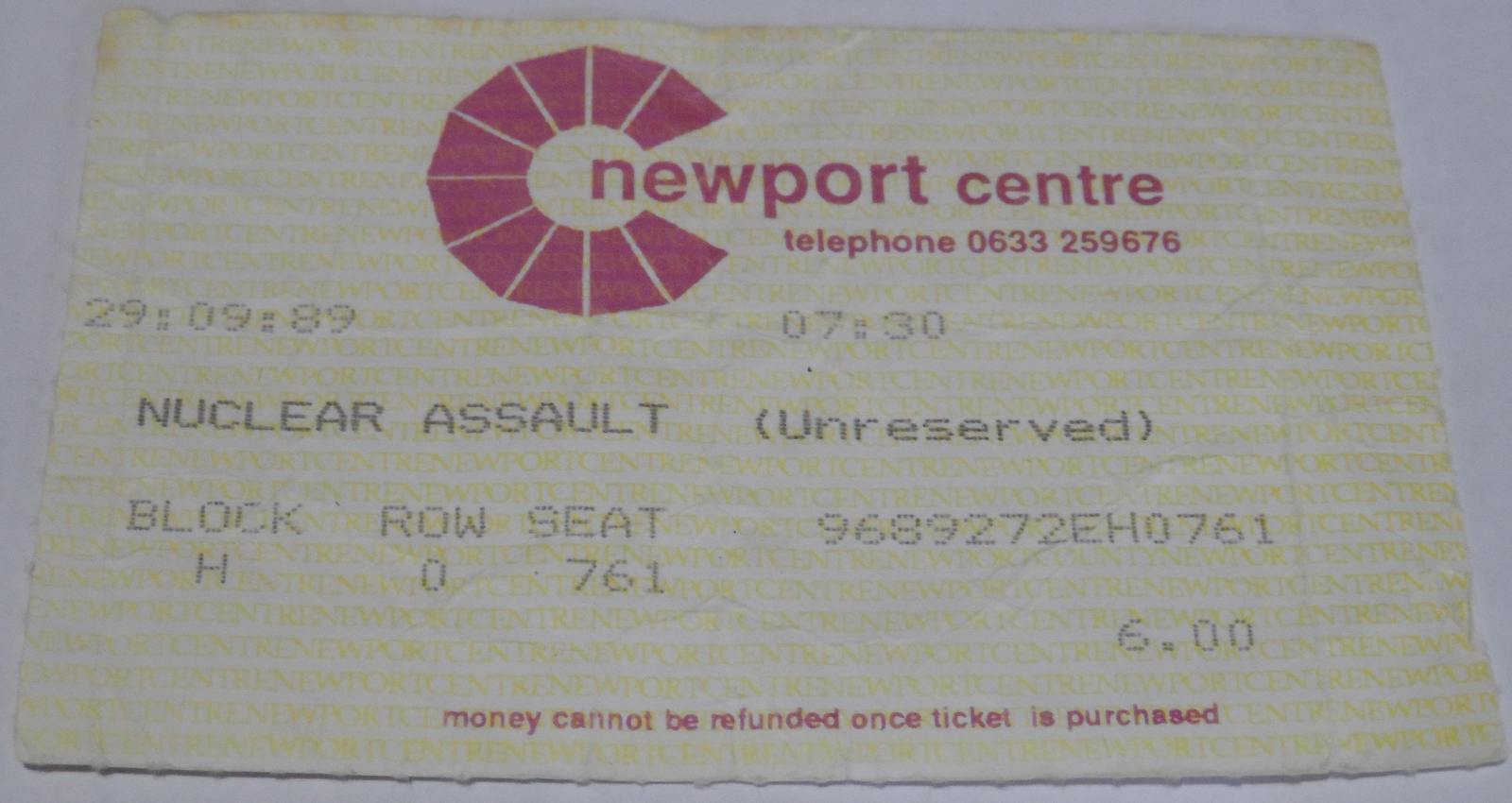 Nuclear Assault 1989 Ticket Stub Newport Centre American thrash metal Co... - $6.75