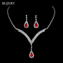 BLIJERY Silver Plated V Shaped Bridal Jewelry Sets Red Crystal Teardrop Choker N - £18.86 GBP