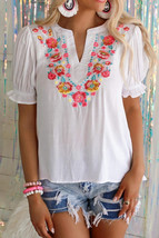 Women&#39;s White Floral Embroidered Ruffled Puff Sleeve Blouse - £27.65 GBP