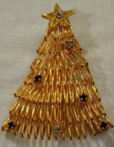 Gold Wire and Rhinestone Christmas Tree Brooch - £7.84 GBP