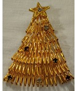 Gold Wire and Rhinestone Christmas Tree Brooch - £7.90 GBP