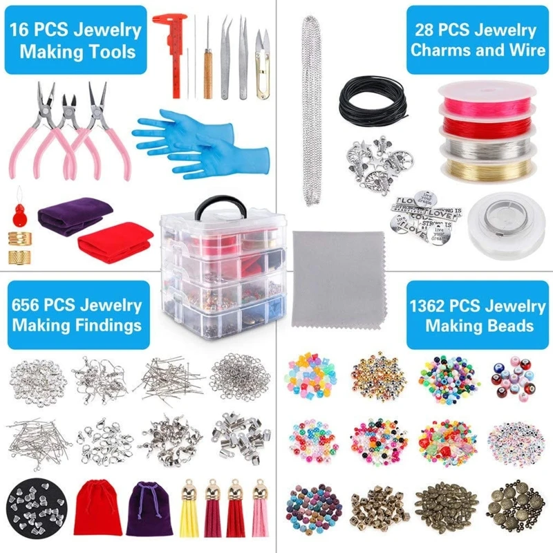 2062Pcs Jewelry Making Supplies Kit with Assorted Beads Charms Findings Wire Cor - £59.64 GBP