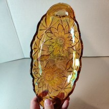9.5&quot;x4.5&quot;Carnival Iridescent Yellow Gold Glass Sunflower Bread Candy Tray Bowl - £15.49 GBP