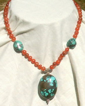 Large Hubei Turquoise, Carnelian Beads, Bali Sterling Silver beads and t... - $65.00