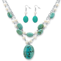 PalmBeach Jewelry Genuine Turquoise and Freshwater Pearl Silvertone Jewelry Set - £30.13 GBP