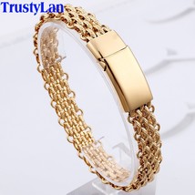 Gold Plated 14MM Link Chain Bracelet Man Trendy Solid Stainless Steel Men&#39;s Brac - £16.20 GBP