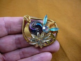 (Z-22-17) Black spiral dot swirl iridescent flower Czech glass button brooch - $23.36
