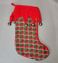 Vintage Wool Plaid Needlepoint Christmas Stocking Jingle Bells Red Velvet Cuff - £23.48 GBP