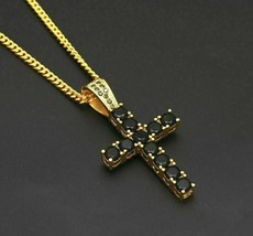 2.50Ct Simulated Black Diamond Cross Jesus Pendant 14K Yellow Gold Plated Silver - £117.88 GBP