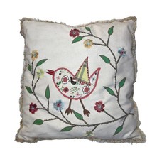 VTG Decorative Embroidered Throw Pillow Bird Robin Floral 18x18 India Zip Cover - £17.47 GBP