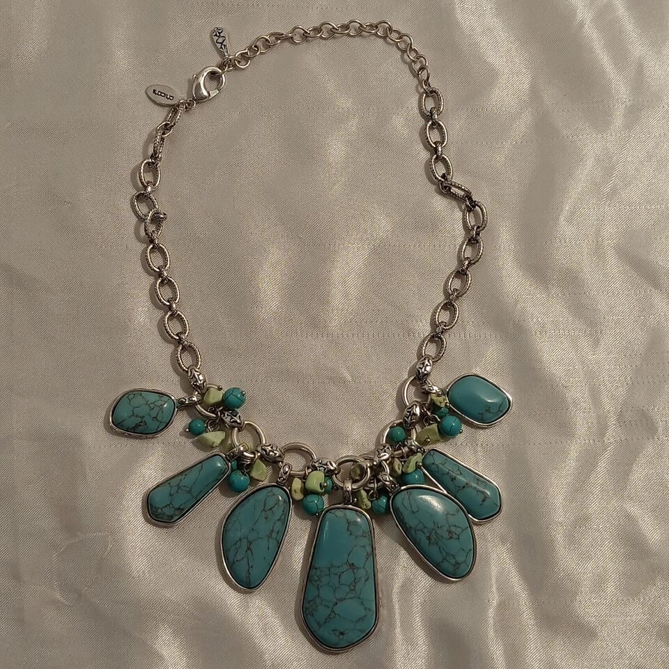 Primary image for Chico's Silver Tone Reversible Marbled Faux Turquoise/ Flower Designs Necklace