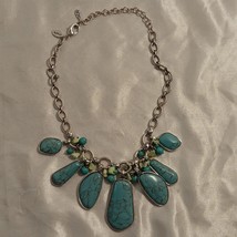 Chico&#39;s Silver Tone Reversible Marbled Faux Turquoise/ Flower Designs Ne... - £21.75 GBP
