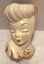 Vintage Glamour Girl Head Vase Planter Beige And Pink With Gold Accents 6.50in H - £41.24 GBP