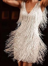 White Fashion Fringe Cocktail/Party Dress Women Deep V-Neck Tassel Sleev... - $25.00