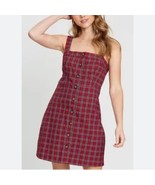 HOLLISTER Red Plaid Y2K Academia Preppy Mini Button Up Dress size Large - $541.83 MXN