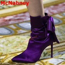 Pure Purple Silk Ankle Boots Pointed Toe Solid Bow Knot Stiletto Heel Women Shoe - £140.45 GBP
