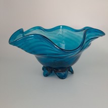 Vintage Blue Handblown Glass Bowl With Wave Edge &amp; Pedestal Base - $87.03