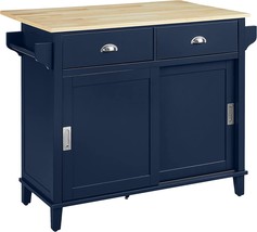 Crosley Furniture Cora Drop Leaf Kitchen Island With Natural Wood Top, Navy - £321.33 GBP