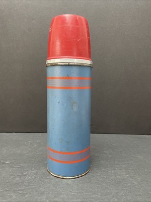Vintage Keapsit Thermos – Navy Red Stripe w/ Original Cork Retro Drinkware - $18.05