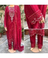 Pakistani Deep Red Straight Style Embroidered Sequins 3pcs Chiffon Dress... - £93.48 GBP