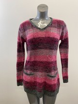 Bluecrush Women&#39;s V Neck Sweater Size Large Pink Striped Long Sleeve Acr... - £8.53 GBP