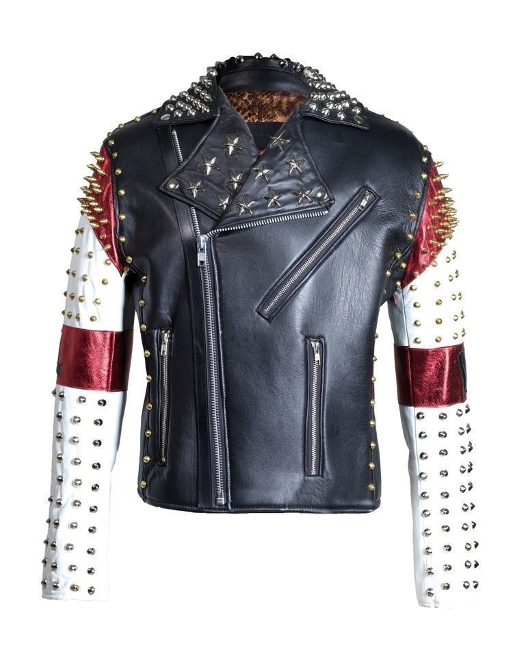 NEW MM Dead Mens Handmade White Black Red Studded Patches Leather Jacket All Siz