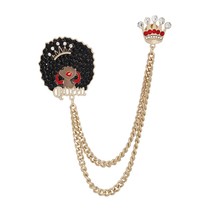 Women&#39;s Black Rhinestone Afro Queen &amp; Crown Double Chain Link Gold Plated Brooch - £35.46 GBP