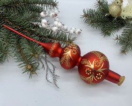 Big red with gold glitter Christmas glass tree topper, Christmas finial - £18.21 GBP