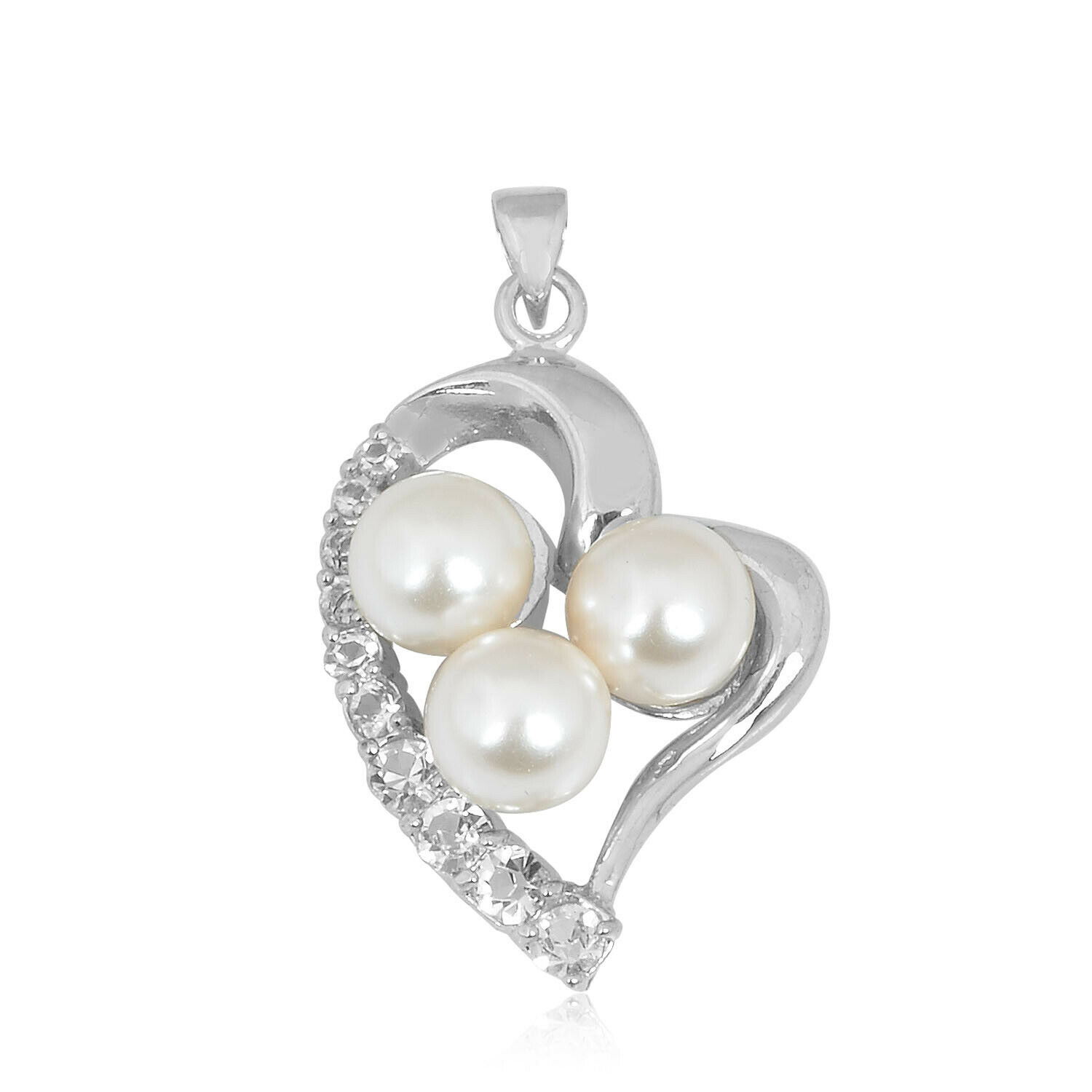 Artisan Crafted White Gold Plated Three Pearl and CZ Heart Pendant Jewelry - $11.63