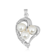 Artisan Crafted White Gold Plated Three Pearl and CZ Heart Pendant Jewelry - $11.63