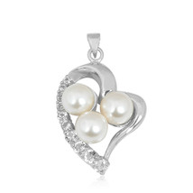 Artisan Crafted White Gold Plated Three Pearl and CZ Heart Pendant Jewelry - £9.08 GBP