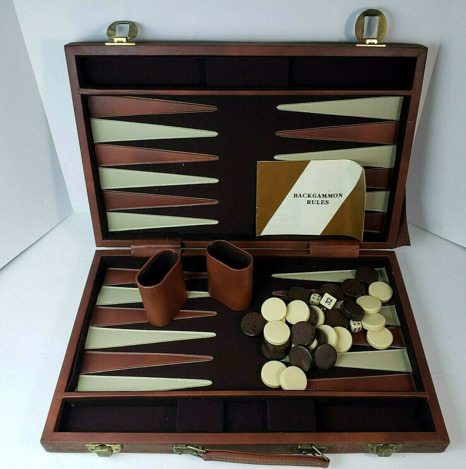 Vintage Backgammon Set in Brown Faux Leather Travel Folding Case  - Complete - £33.55 GBP