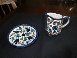 Vtg. Jerusalem Old City 3.75&quot; Small Pitcher &amp; 4.5&quot; Plate/Saucer Floral Pottery - £19.57 GBP