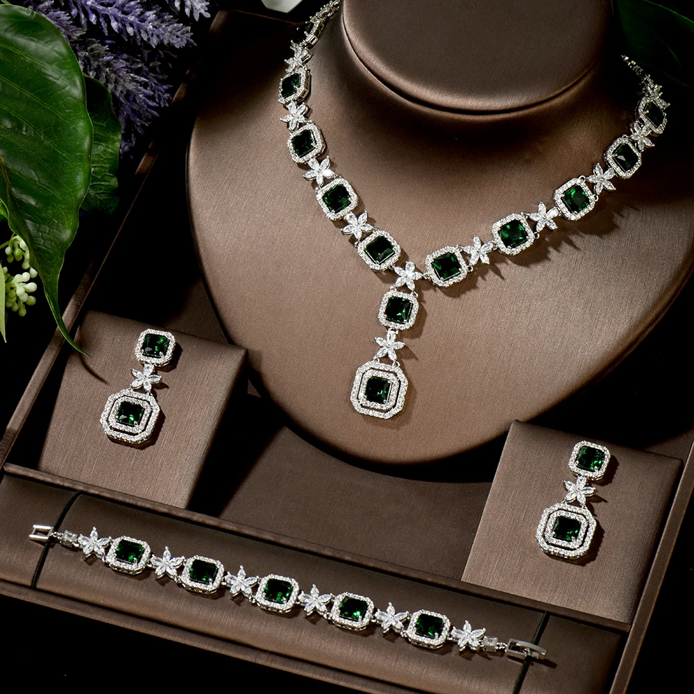 3pcs Shiny Luxury Baguette CZ Bridal Wedding Necklace Earring Bracelet Dubai Cos - $93.17