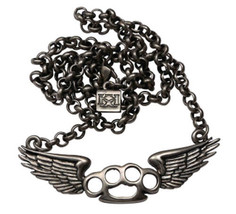 Flying Knux Wings Brass Knuckles Pendant Necklace Gun Metal Kitsch &#39;n&#39; Kouture - £22.51 GBP