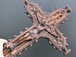 Antique hand carved wood crucifix &quot;FIAT VOLUNTAS TUA&quot; ,signed - £237.98 GBP