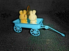 Flocked Bunny Rabbits in Blue Metal Wagon Easter Ornament Decor 1980&#39;s Avon - £6.38 GBP