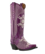Womens Purple Wedding Leather Western Cowgirl Boots Studded Embroidered ... - £141.63 GBP