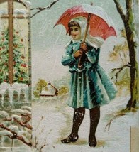 Christmas Postcard Girl Under Umbrella Winter Snow Embossed Vintage Germany 1908 - £15.98 GBP