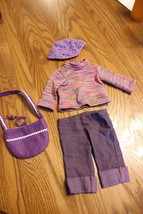 American Girl doll  lot Julie&#39;s Purple Hat Pants Shirt Purse Walking Outfit Meet - £21.58 GBP
