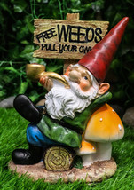 Mr Gnome Grandpa Smoking Pipe By Toadstool Mushrooms And Free Weeds Sign Statue - £22.13 GBP